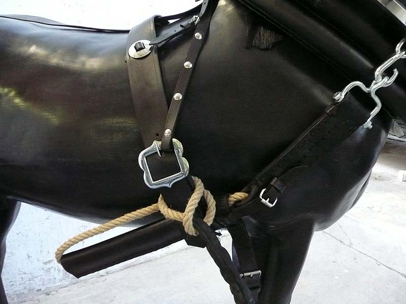 Schwarze Pferdeattrappe mit rot schwarzem Pferdegeschirr