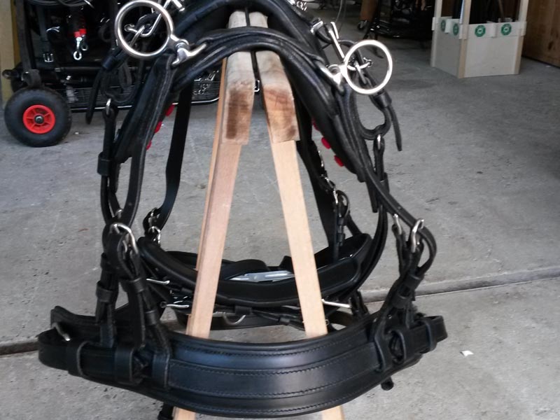 schwarzes Einspänner-Geschirr auf Holzgestell