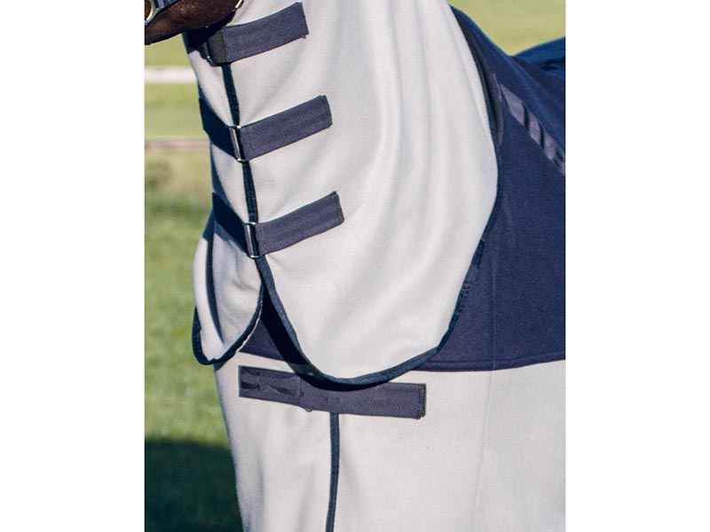 braunes Pferd mit blau-grauer Abschwitzdecke mit Halsteil