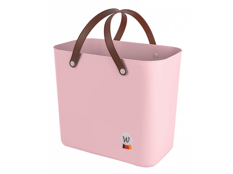 rosa  Kunststofftasche mit braunen Henkeln