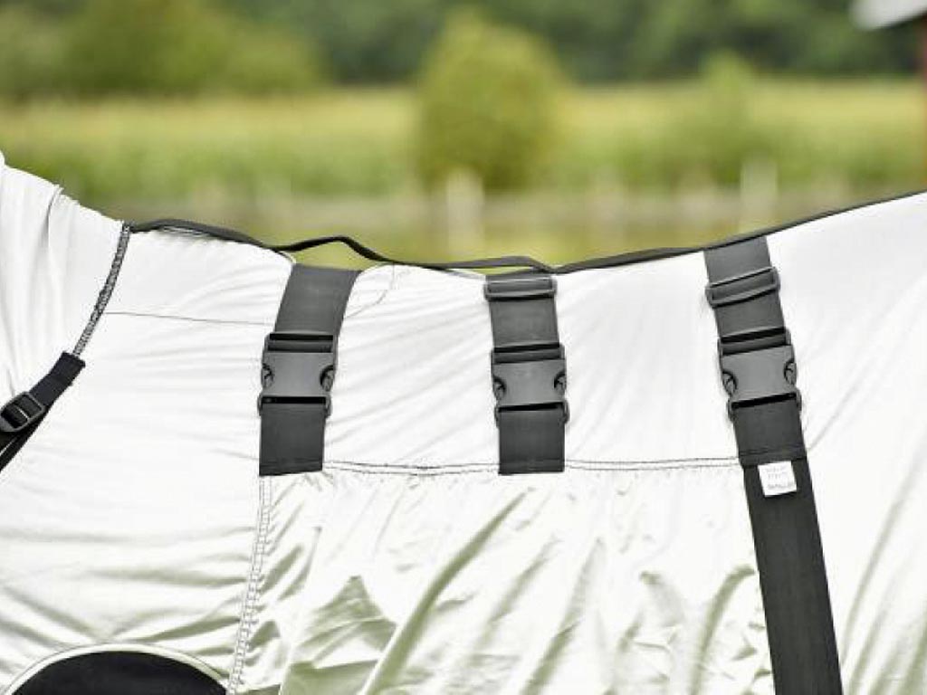 Braunes Pferd mit silberner Ekzemerdecke und Halsteil