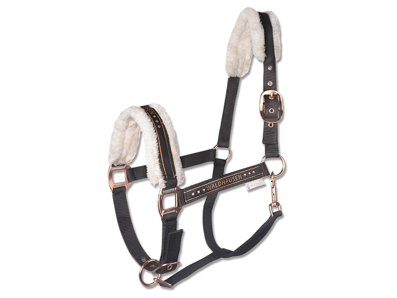schwarzes Halfter mit weißem Kunstfell rose 