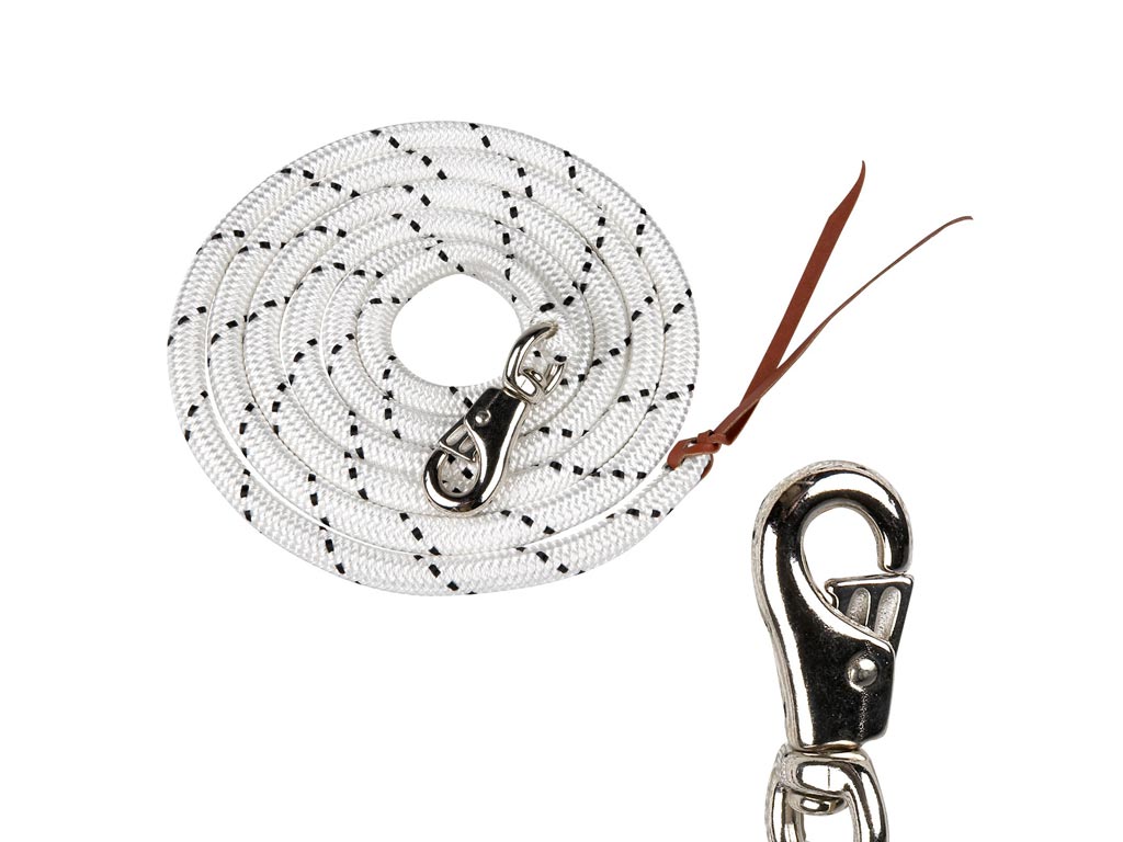 Weis-schwarzer Anbindestrick mit Schnapphaken und Lederendstück