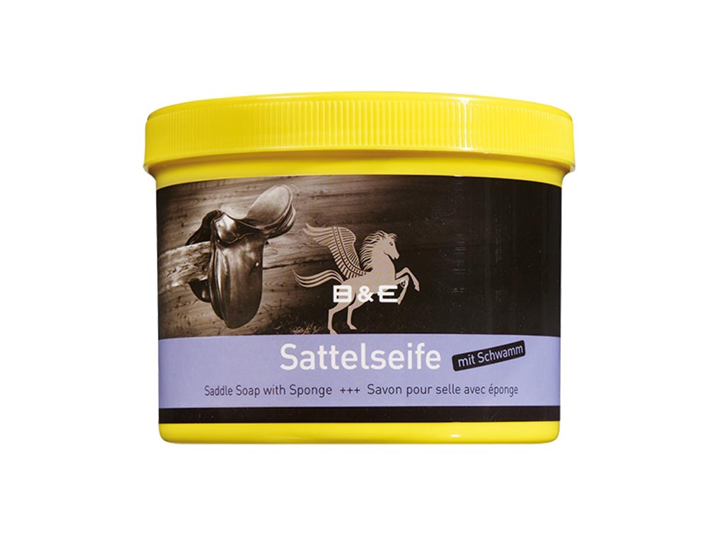 gelbe Dose mit B&E Sattelseife mit Schwamm