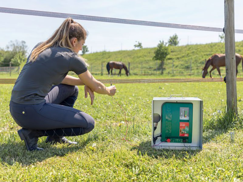 Frau auf Weide mit Weidezaungerät