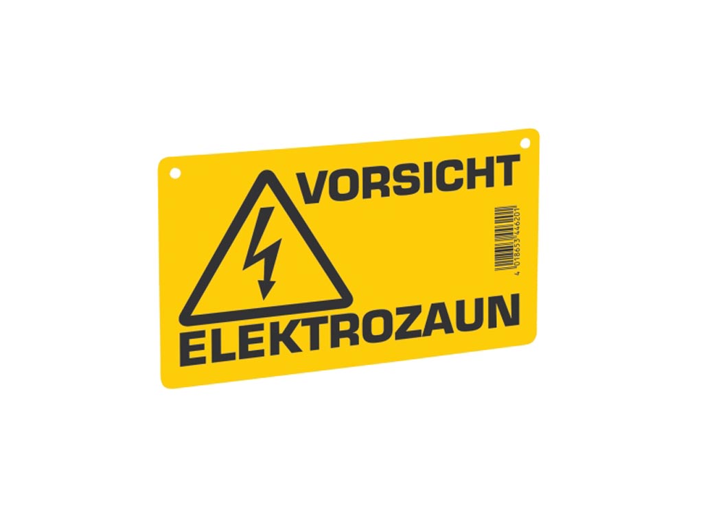 Gelbes Warnschild mit der Aufschrift Vorsicht Elektrozaun